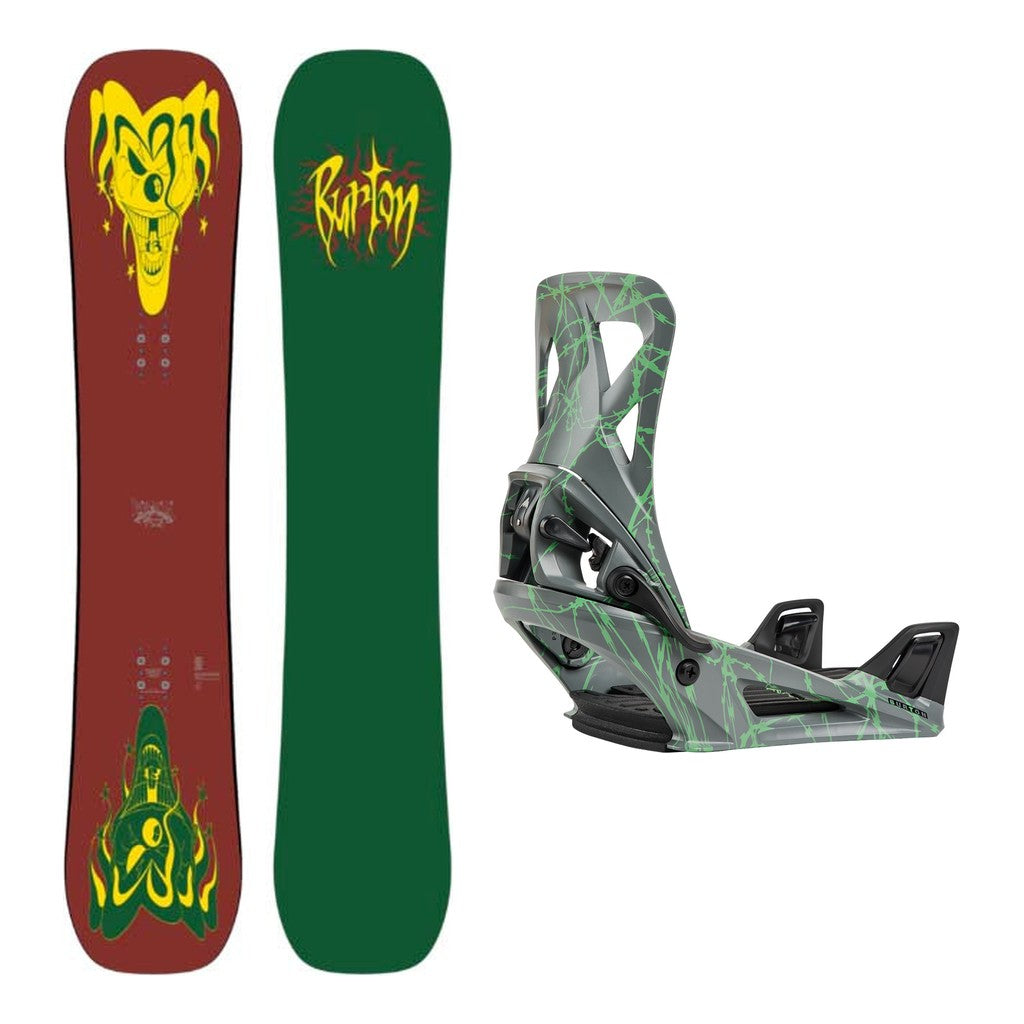 Burton Pretty Good Company Camber Adult Snowboard with Step On Re:Flex Bindings Snowboard Package - Gray/Green Voltage