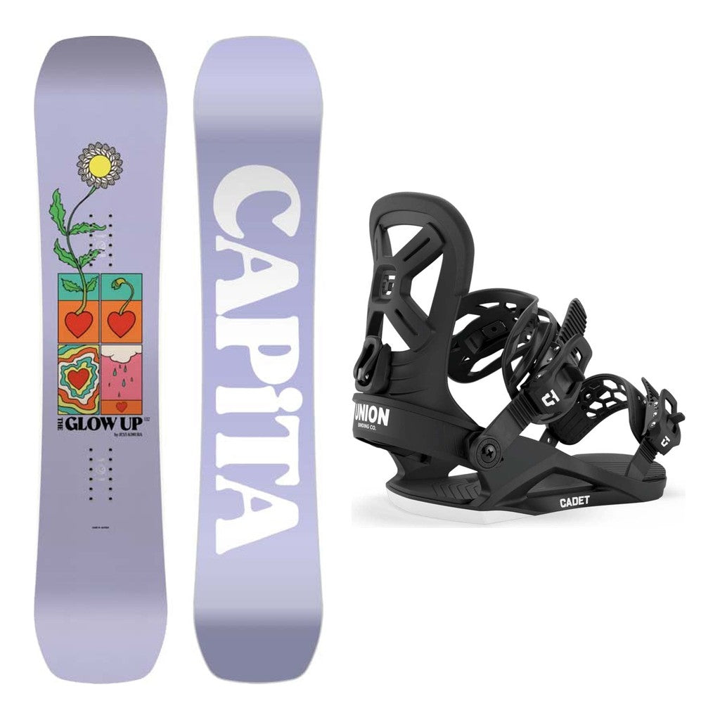 Capita Glow Up by Jess Kimura Girls Snowboard 2027 with Cadet Bindings Snowboard Package - Black