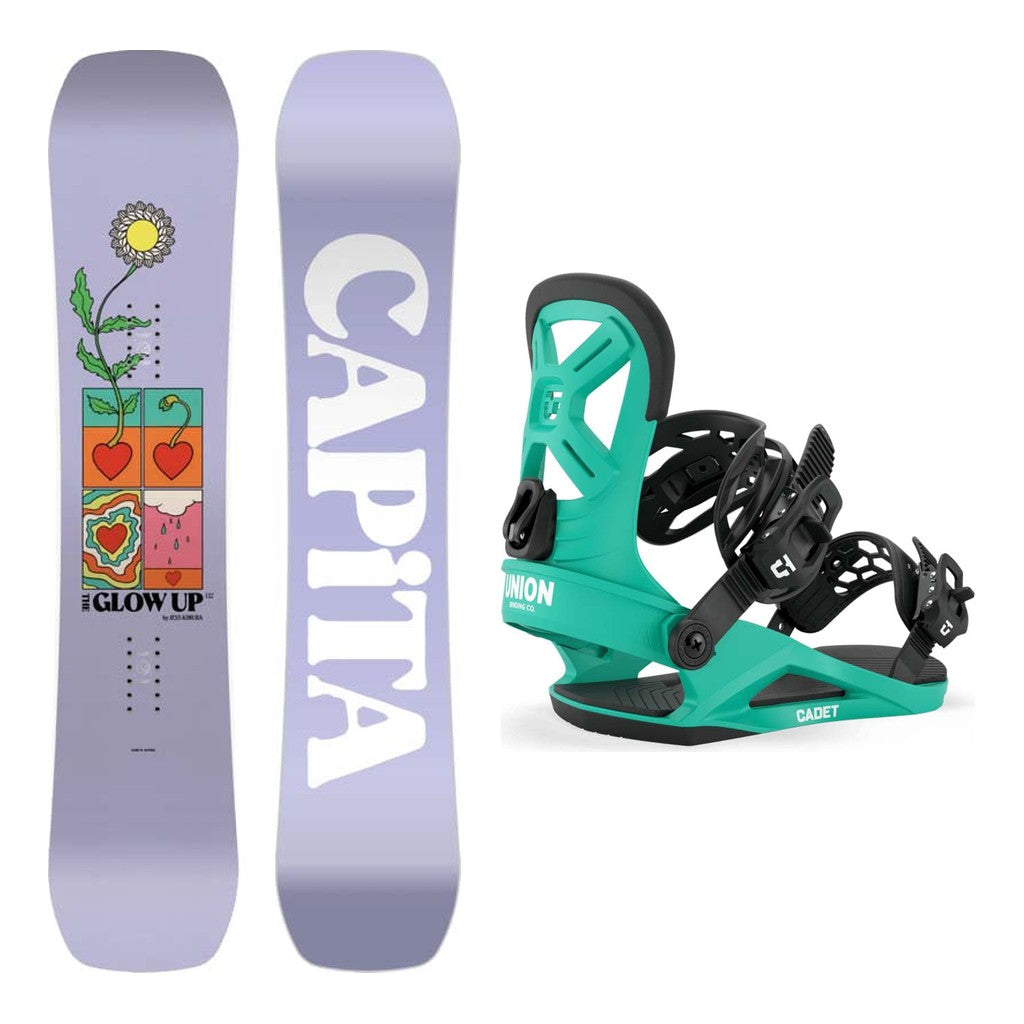 Capita Glow Up by Jess Kimura Girls Snowboard 2027 with Cadet Bindings Snowboard Package - Green