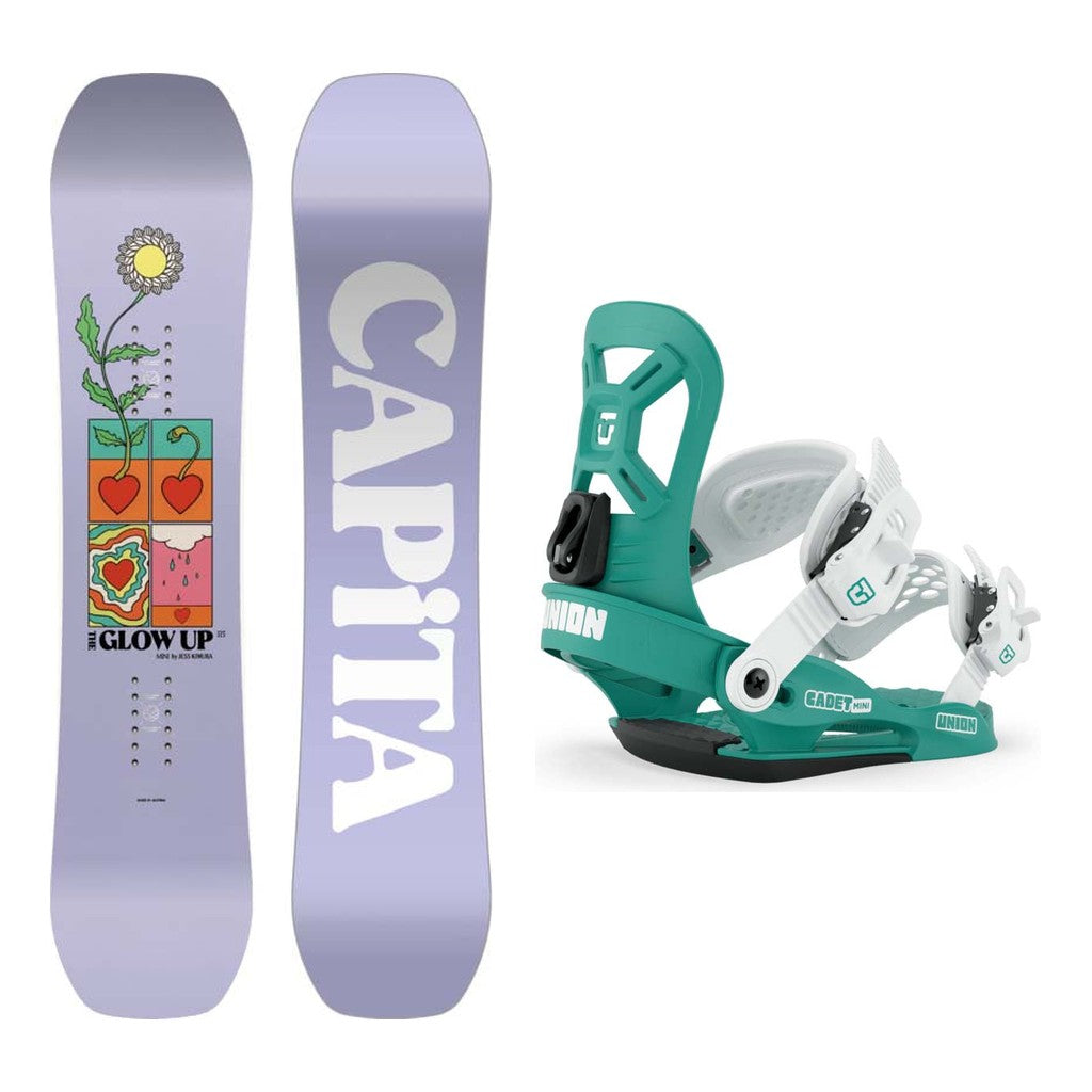 Capita Glow Up Mini by Jess Kimura Girls Snowboard 2027 with Cadet Mini Bindings Snowboard Package - Teal