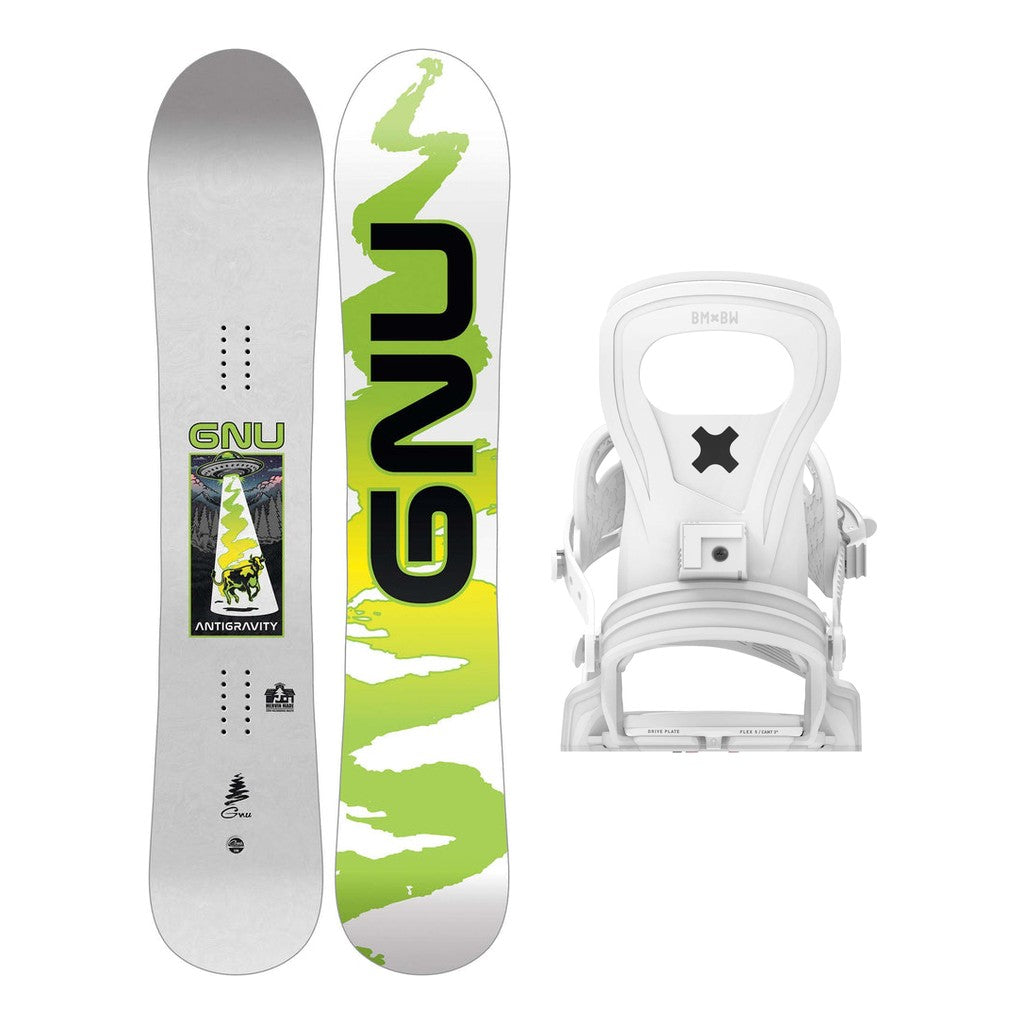 GNU Antigravity Mens Snowboard 2027 with Bent Metal Joint Bindings Snowboard Package - White