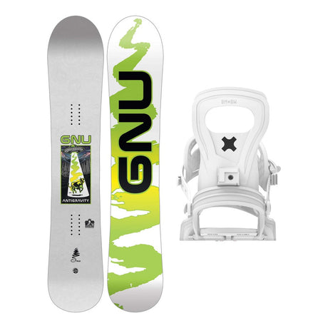 GNU Antigravity Mens Snowboard 2027 with Bent Metal Joint Bindings Snowboard Package - White