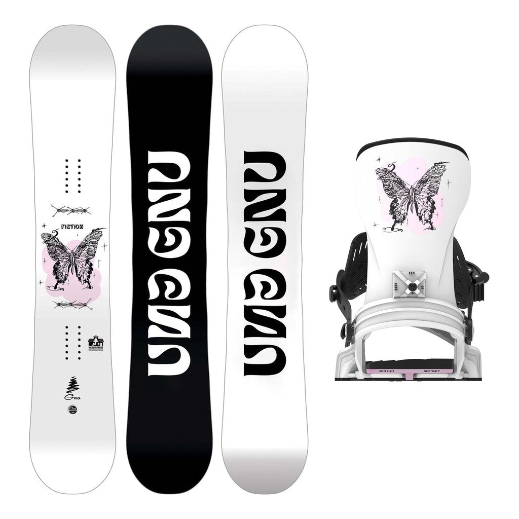 GNU Fiction Womens Snowboard 2027 with Bent Metal Stylist Bindings Snowboard Package - White