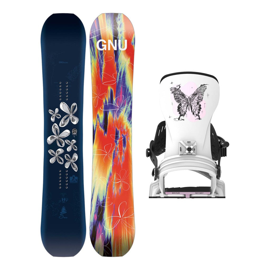 GNU Gloss Womens Snowboard 2027 with Bent Metal Stylist Bindings Snowboard Package - White