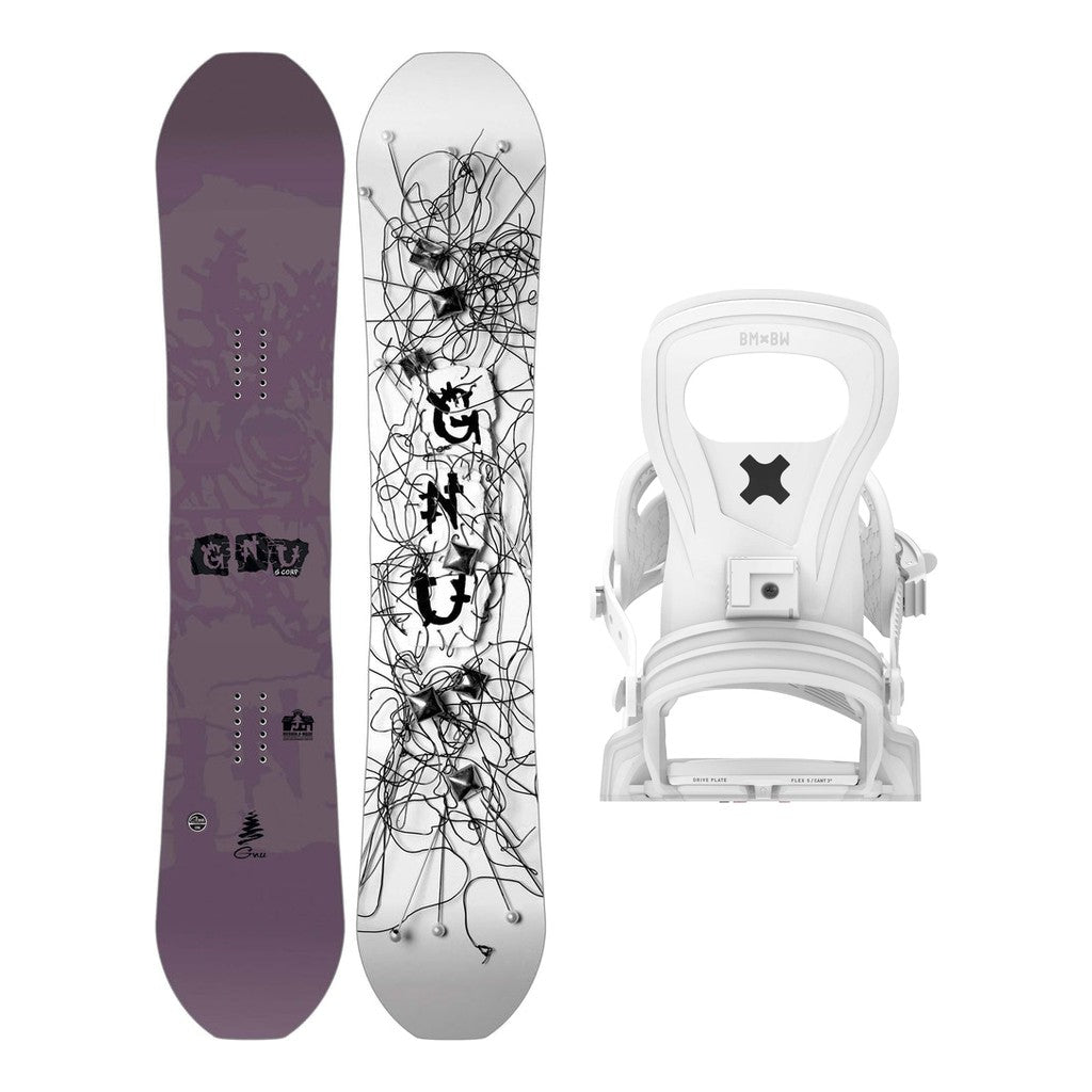 GNU Scorp Mens Snowboard 2027 with Bent Metal Joint Bindings Snowboard Package - White