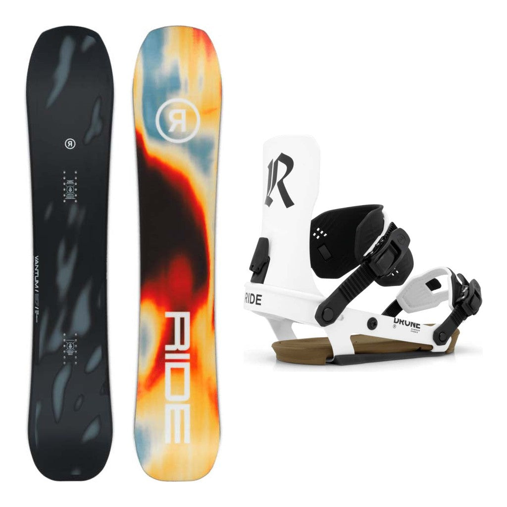 Ride Vantum Adult Snowboard 2027 with Drone Bindings Snowboard Package - White