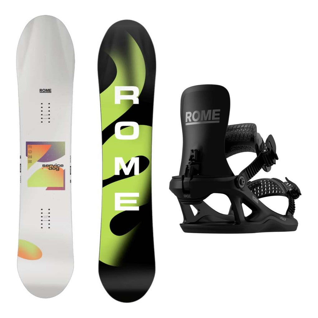 Rome Service Dog Mens Snowboard 2027 with Volt FASE Bindings Snowboard Package - Black