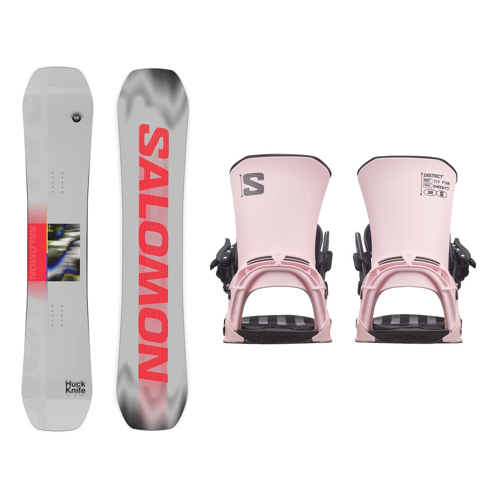 Salomon Huck Knife Mens Snowboard 2027 with District Bindings Snowboard Package - Icy Pink