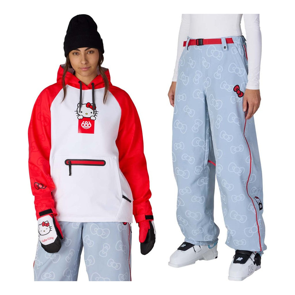 686 x Hello Kitty Waterproof Womens Hoody 2027 with Hello Kitty Lil Bow Pants Package (Hello Kitty White Red)