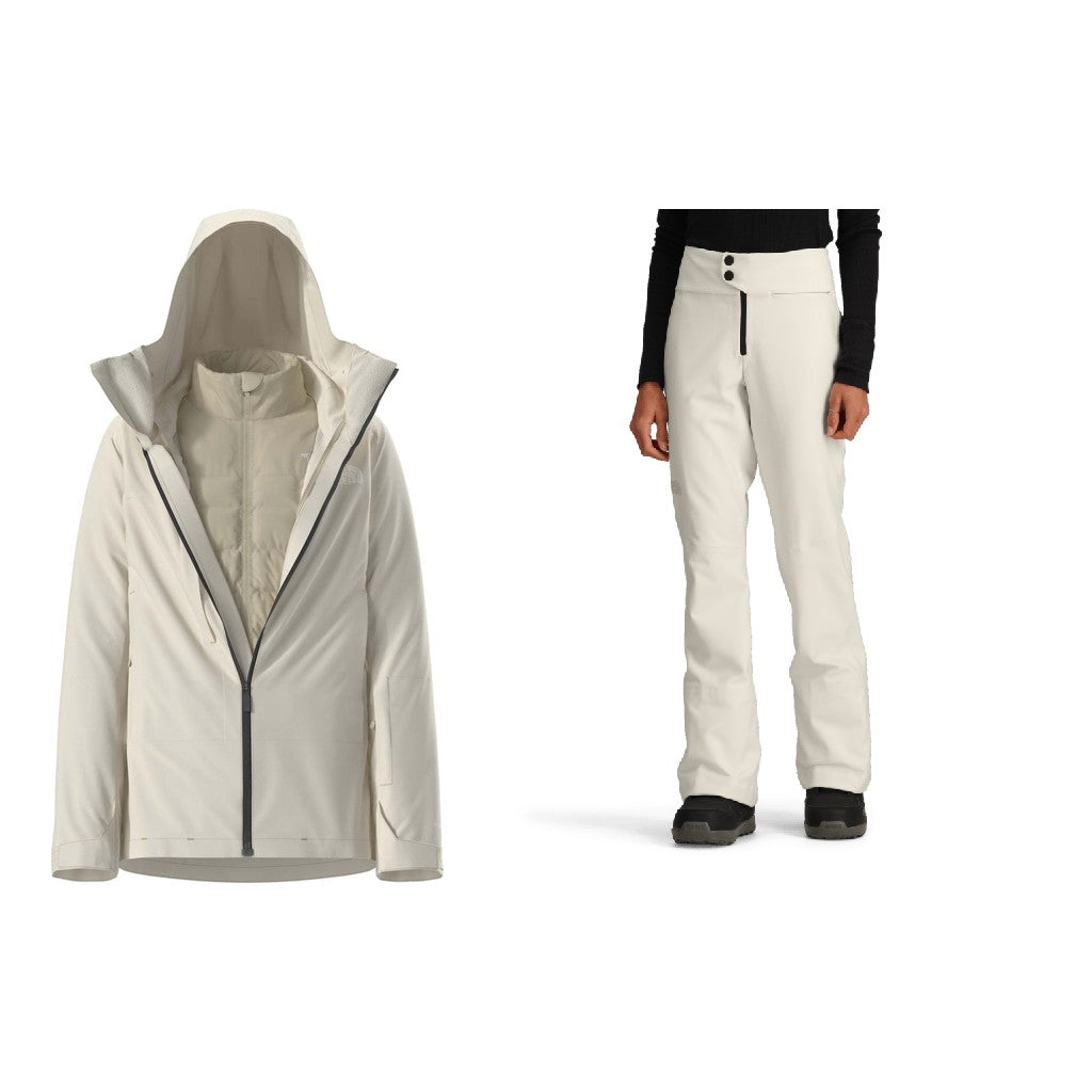 North Face Thermoball Snow Triclimate Jacket Womens 2027 with Snoga Pants Package (White Dune)