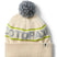cumbre-2.0-beanie-A cream-colored knit beanie with a gray pom-pom, featuring a lime green stripe with 'COTOPAXI' knitted in gray across the middle and a ribbed cuff with a small black logo tag.