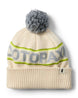 cumbre-2.0-beanie-A cream-colored knit beanie with a gray pom-pom, featuring a lime green stripe with 'COTOPAXI' knitted in gray across the middle and a ribbed cuff with a small black logo tag.