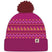 cumbre-2.0-beanie-A knit pom-pom beanie hat in magenta pink with a multicolor pattern featuring yellow and light pink motifs, a dark red pom-pom, and a ribbed cuff with a small black logo patch.