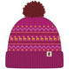 cumbre-2.0-beanie-A knit pom-pom beanie hat in magenta pink with a multicolor pattern featuring yellow and light pink motifs, a dark red pom-pom, and a ribbed cuff with a small black logo patch.