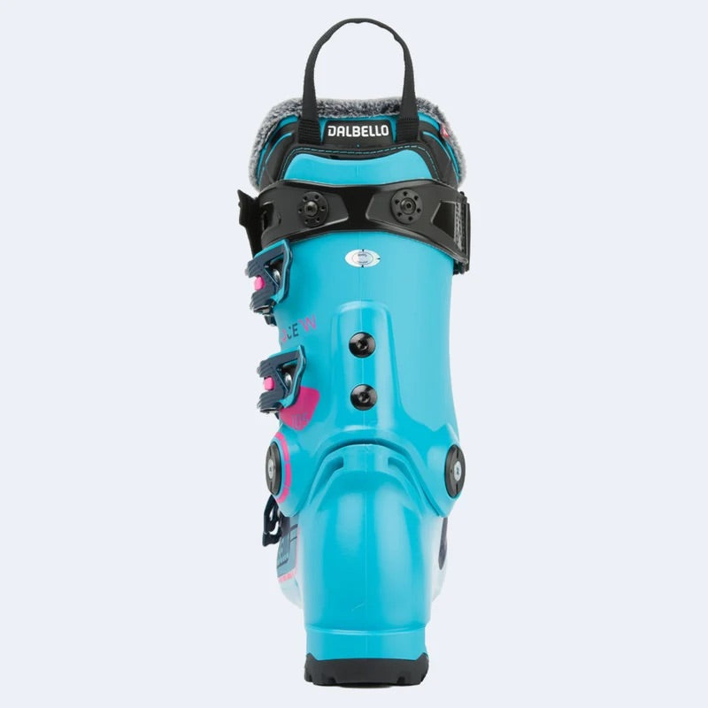 WVeloce105MV- A Dalbello ski boot in a vibrant turquoise and navy blue colorway, featuring pink accents on the buckles and straps, a black cuff, and a gray fleece lining.