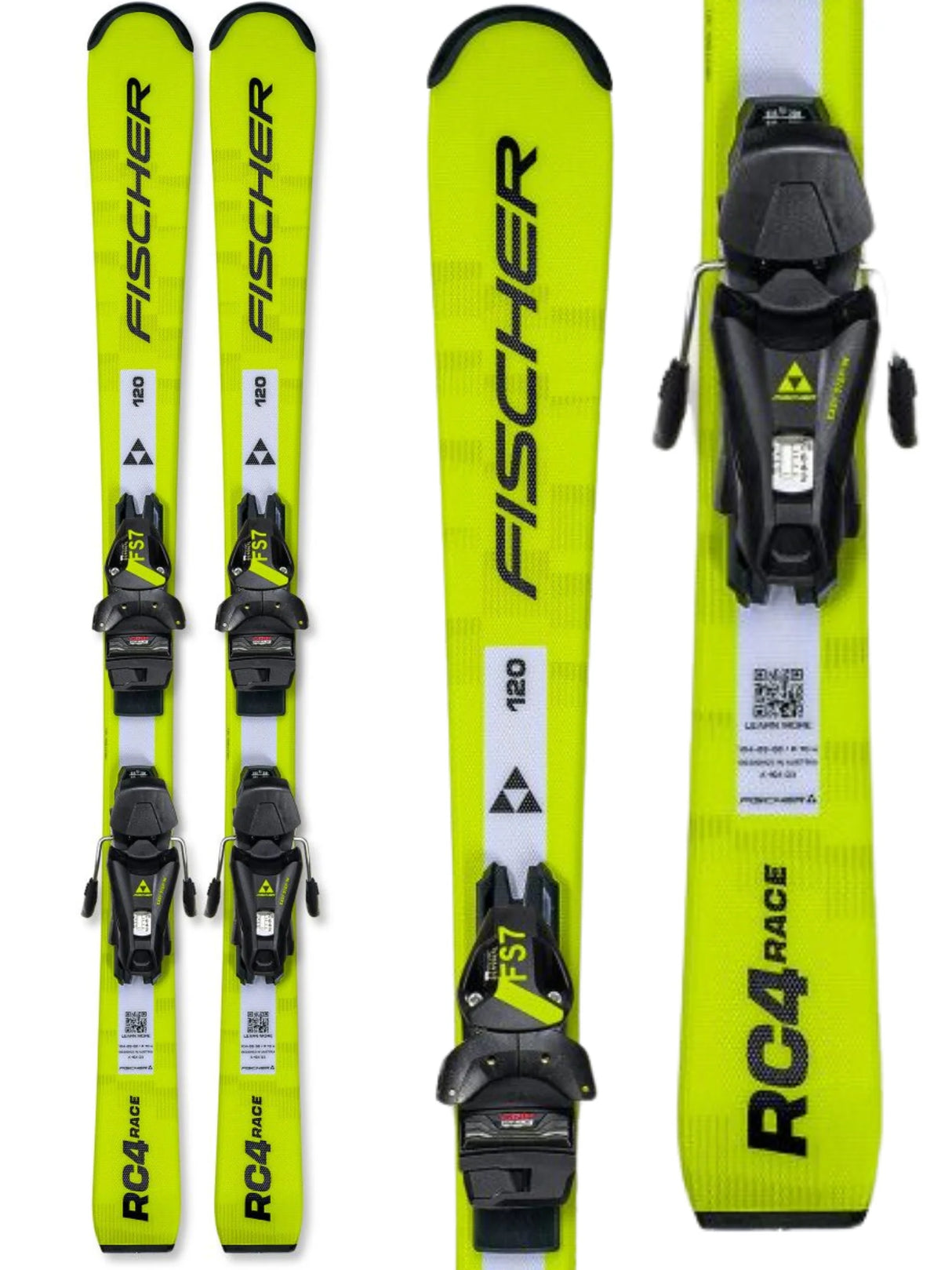 Fischer RC4 Race Jr.- Fischer ski set with bright neon yellow-green skis and black bindings, shown from multiple angles on a white background.