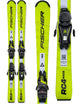 Fischer RC4 Race Jr.- Fischer ski set with bright neon yellow-green skis and black bindings, shown from multiple angles on a white background.