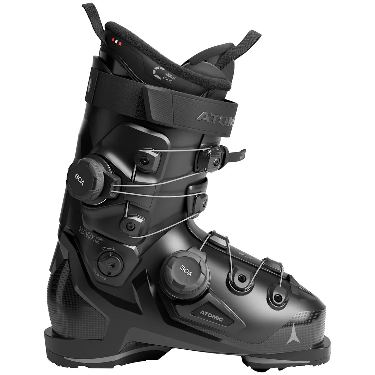 MHawxUltra100DualBOA- Black ski boot with Atomic branding on a white background