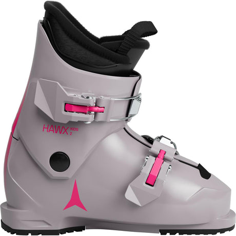 HawxKids2-Gray ski boot with pink accents and Hawx branding on a white background