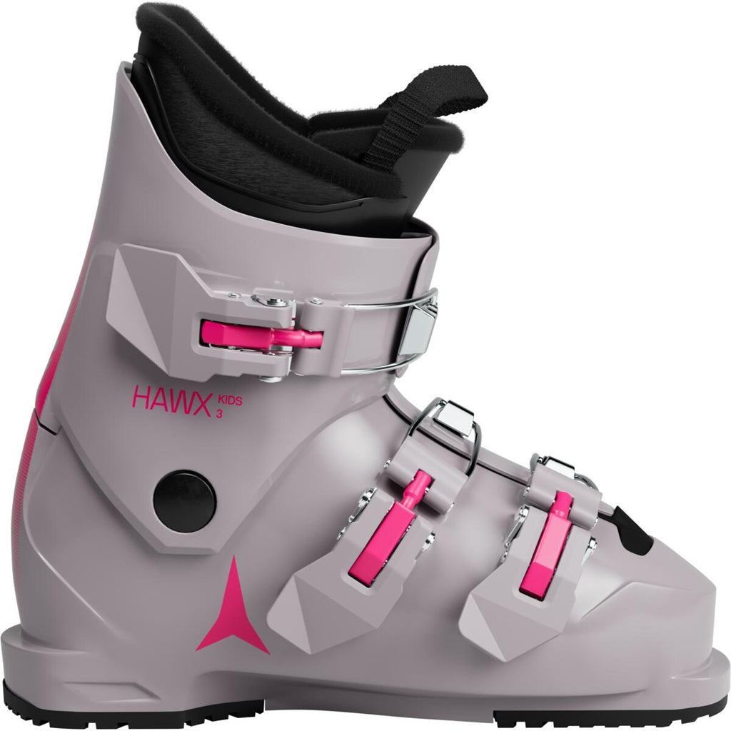 HawxKids3-Grey ski boot with pink accents and Hawx branding on a white background