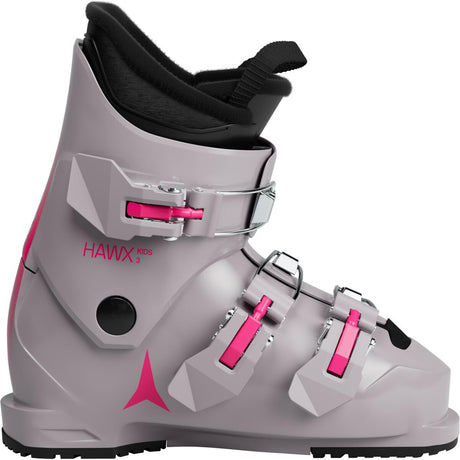 HawxKids3-Grey ski boot with pink accents and Hawx branding on a white background
