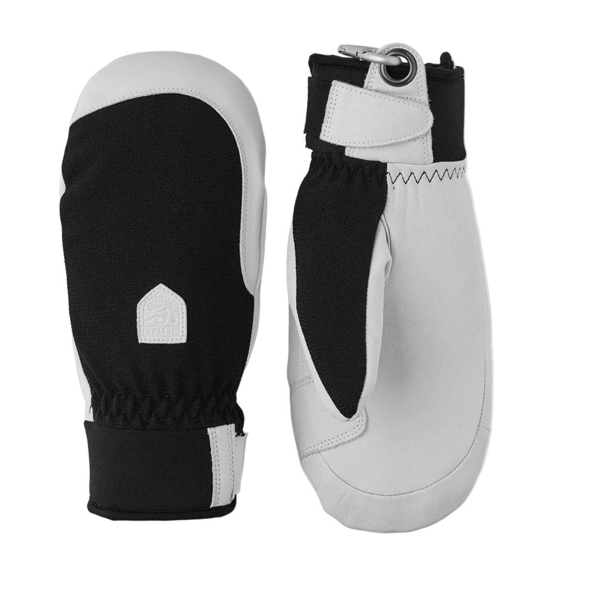 Army Leather Patrol Mitt-Black and white mittens on a light gray background