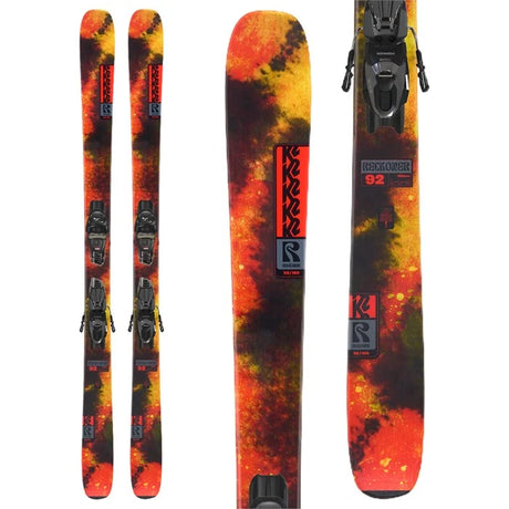 Reckoner92-Colorful skis with bindings on a white background