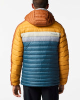 m-fuego-down-hooded-jacket- A hooded puffer jacket with a color-blocked design featuring a dark blue front, mustard yellow sides, and brown sleeves and hood, shown on a plain white background.
