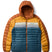 m-fuego-down-hooded-jacket- A hooded puffer jacket with a color-blocked design featuring a dark blue front, mustard yellow sides, and brown sleeves and hood, shown on a plain white background.