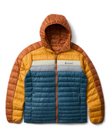 m-fuego-down-hooded-jacket- A hooded puffer jacket with a color-blocked design featuring a dark blue front, mustard yellow sides, and brown sleeves and hood, shown on a plain white background.