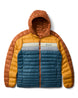 m-fuego-down-hooded-jacket- A hooded puffer jacket with a color-blocked design featuring a dark blue front, mustard yellow sides, and brown sleeves and hood, shown on a plain white background.