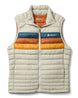 m-fuego-down-vest- A quilted puffer vest by Cotopaxi in a light beige color, featuring horizontal quilting, a full-zip front, and a mock neck collar. It has a distinctive color-blocked chest design with horizontal stripes of dark teal, rust orange, and golden yellow, with the Cotopaxi logo printed on the chest.