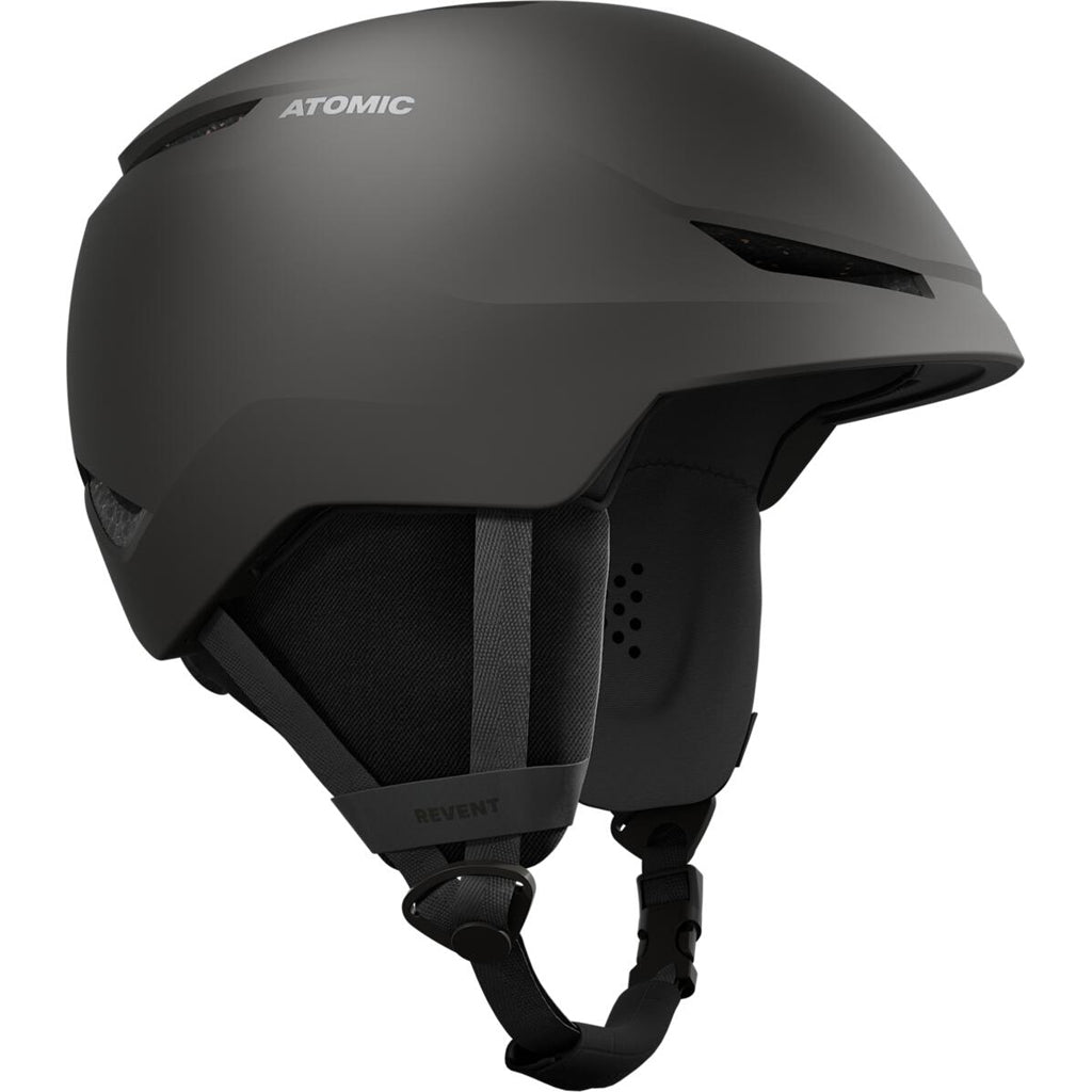 ReventLite+-Black helmet with Atomic logo on a white background