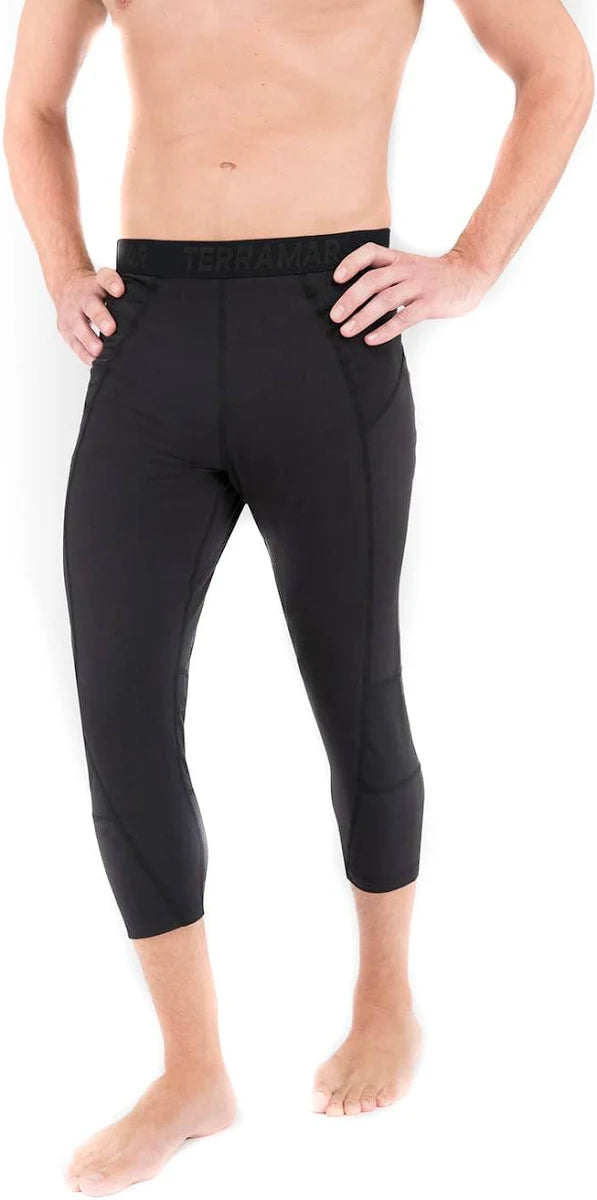 3/4pant- Person wearing black athletic leggings on a white background