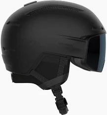Driver Prime Sigma Photo MIPS Helmet- A Black Salomon Driver Prime Sigma Photo MIPS helmet with a black strap and a dark-tinted visor, designed for adults.