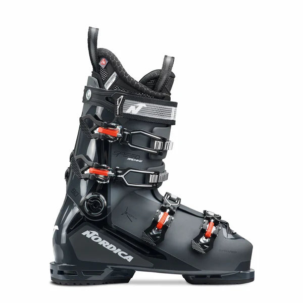 Speedmachine90- Black ski boot with visible Nordica branding on a white background