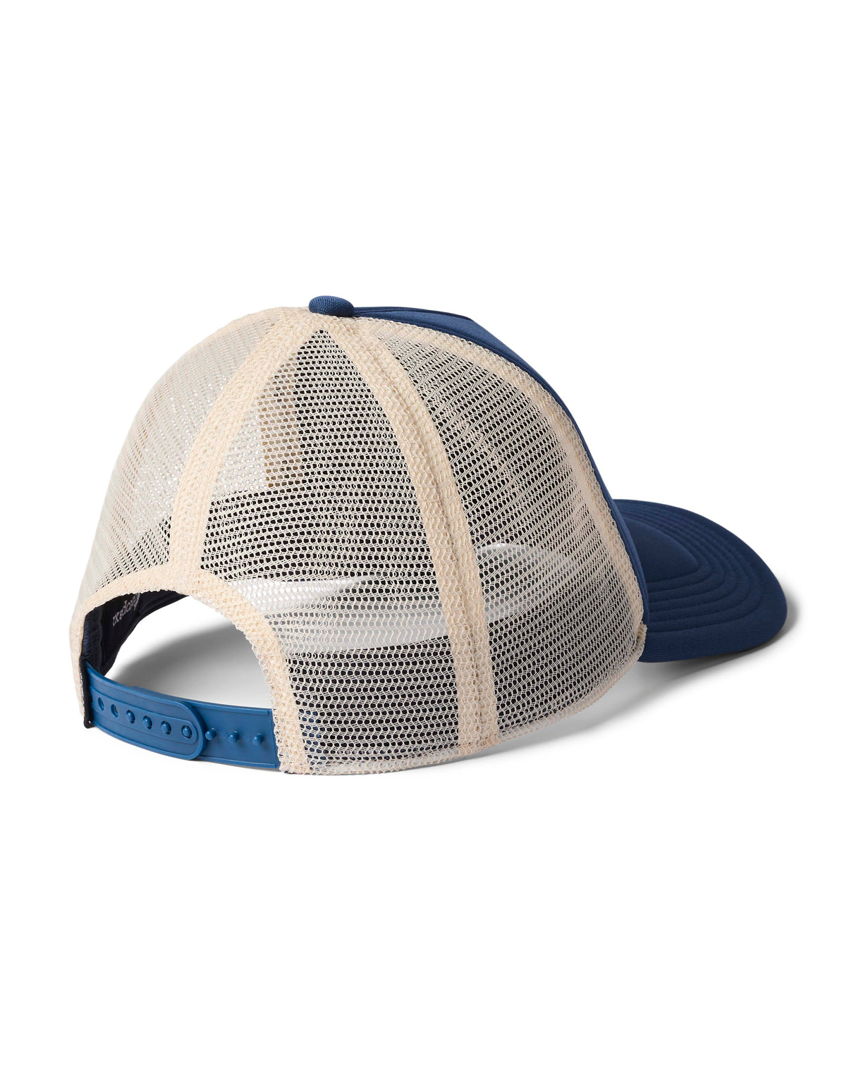vintage-trucker-hat- A blue and beige trucker hat with a curved brim, featuring the 'cotopaxi' logo embroidered in gold on the front panel, set against a plain white background.