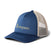 vintage-trucker-hat- A blue and beige trucker hat with a curved brim, featuring the 'cotopaxi' logo embroidered in gold on the front panel, set against a plain white background.