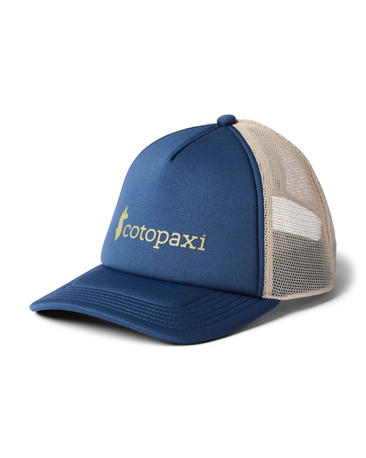 vintage-trucker-hat- A blue and beige trucker hat with a curved brim, featuring the 'cotopaxi' logo embroidered in gold on the front panel, set against a plain white background.