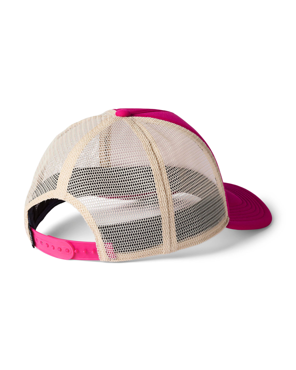 vintage-trucker-hat-A bright pink trucker hat with beige mesh back panels and a tonal pink 'cotopaxi' logo on the front, shown on a clean white background.