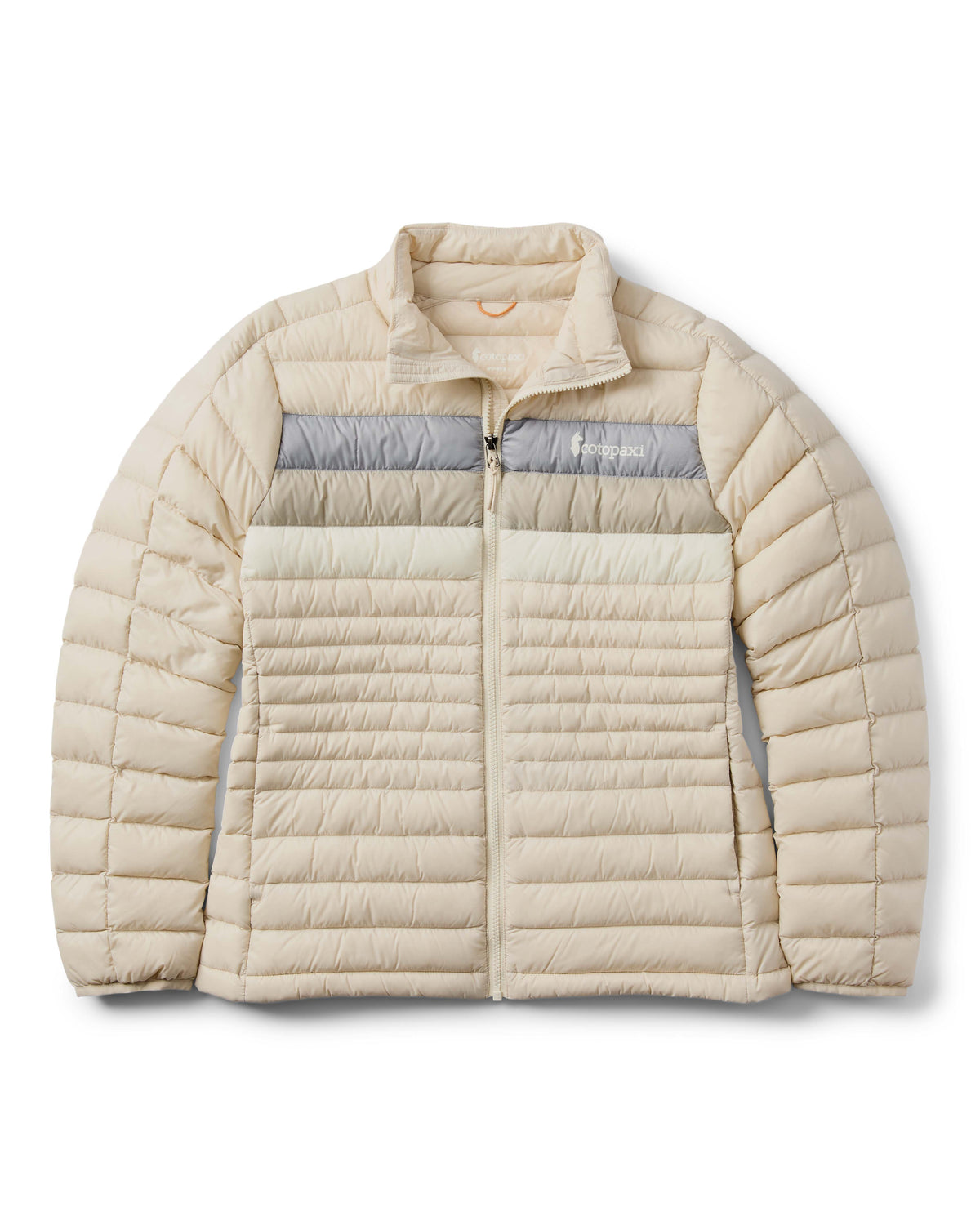 w-fuego-down-jacket- A beige quilted puffer jacket with a gray chest stripe and a visible Cotopaxi logo on the left chest, displayed against a clean white background.