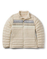 w-fuego-down-jacket- A beige quilted puffer jacket with a gray chest stripe and a visible Cotopaxi logo on the left chest, displayed against a clean white background.