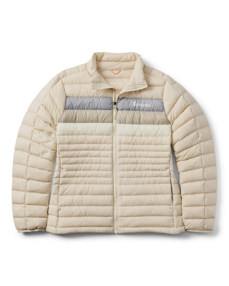 w-fuego-down-jacket- A beige quilted puffer jacket with a gray chest stripe and a visible Cotopaxi logo on the left chest, displayed against a clean white background.
