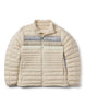 w-fuego-down-jacket- A beige quilted puffer jacket with a gray chest stripe and a visible Cotopaxi logo on the left chest, displayed against a clean white background.