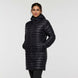 w-fuego-down-parka-A woman modeling a long, black quilted puffer jacket with a hood and a small embroidered 'Cotopaxi' logo on the left chest, set against a plain light gray studio background.