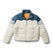 w-lumbre-insulated-jacket- A color-blocked puffer jacket, featuring an off-white body, a navy blue yoke, light gray sleeves, and a bright orange interior lining, displayed on a clean white background.