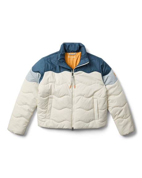 w-lumbre-insulated-jacket- A color-blocked puffer jacket, featuring an off-white body, a navy blue yoke, light gray sleeves, and a bright orange interior lining, displayed on a clean white background.