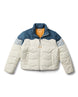 w-lumbre-insulated-jacket- A color-blocked puffer jacket, featuring an off-white body, a navy blue yoke, light gray sleeves, and a bright orange interior lining, displayed on a clean white background.