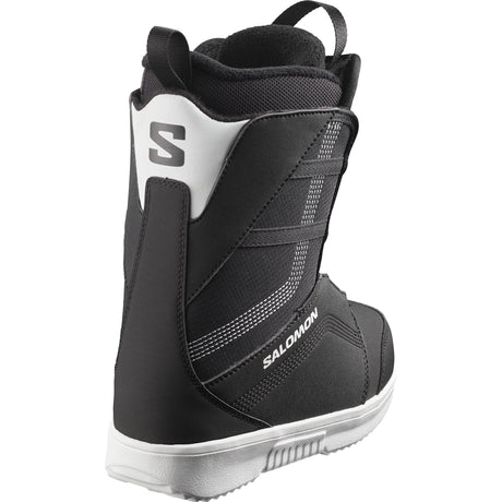 ProjectBOA-A single Salomon Project BOA snowboard boot for youth in black color featuring a BOA lacing system and a white sole.