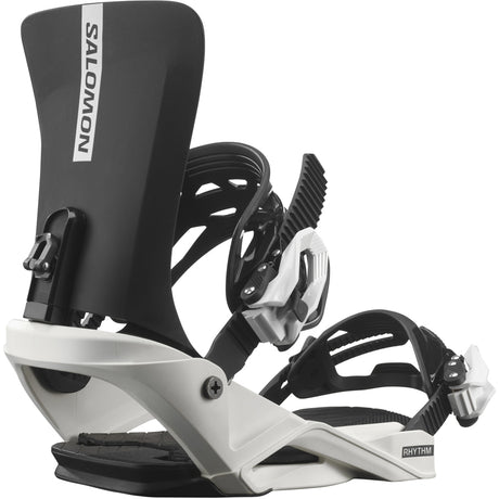 RhythmJr.- Salomon Rhythm Jr Snowboard Bindings for youth, featuring a black and white color scheme with the Salomon brand logo visible.